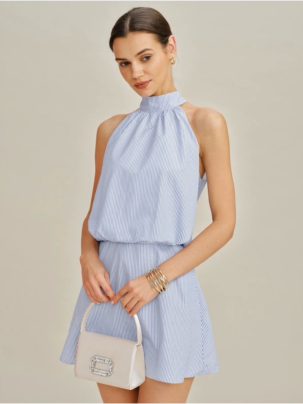 Blue Mock Neck Tie Striped Mini Dress
